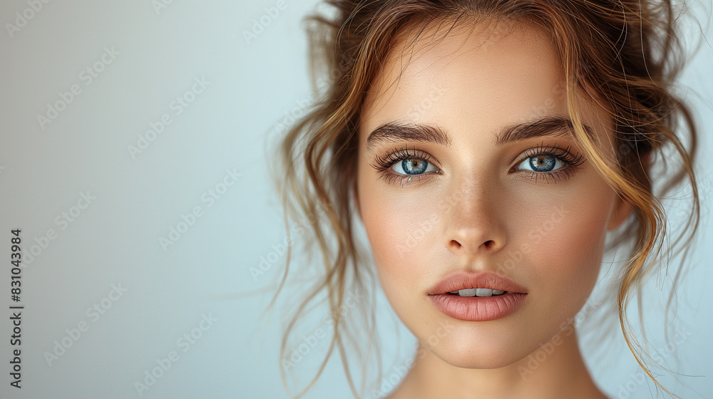 Gorgeous  woman with blue eyes, clear glowing skin, perfect shiny body after spa effect, doing nourishing skincare routine, spa at home, standing over white background.