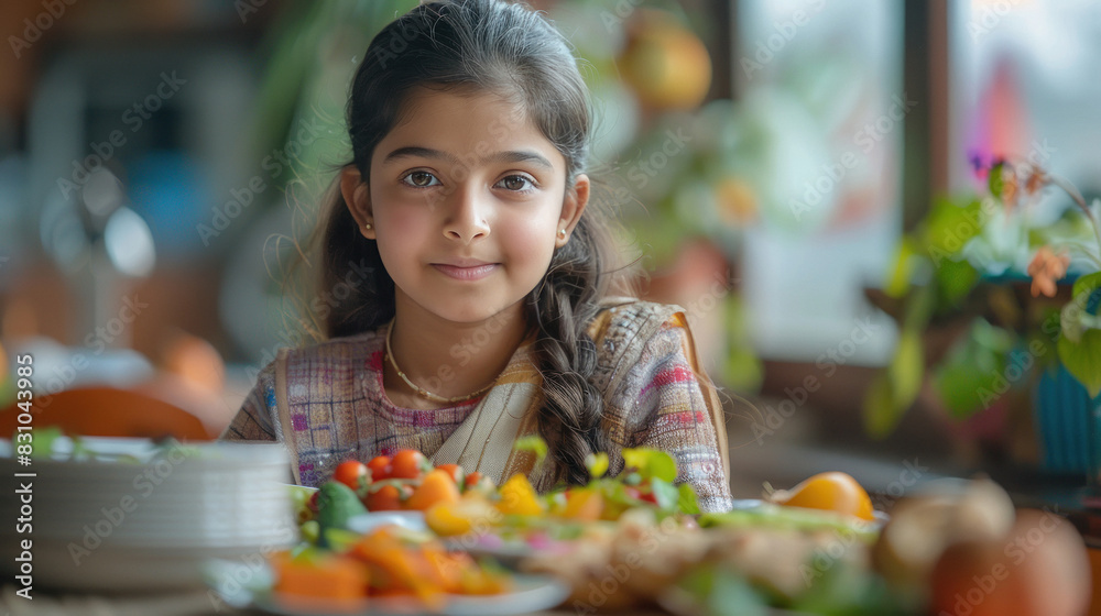 beautiful indian girl eating breakfast at home