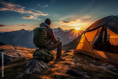 A backpacker enjoys a serene mountain sunset next to a glowing tent, capturing the essence of outdoor adventure and tranquility.