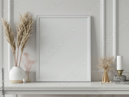 Mockup of a blank white picture frame on a shelf