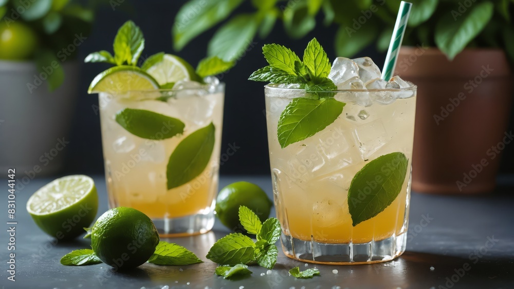 Fototapeta premium Two refreshing mojito cocktails with lime and mint on a table, perfect for summer gatherings and parties. Vibrant green leaves and fresh ingredients set a lively mood.