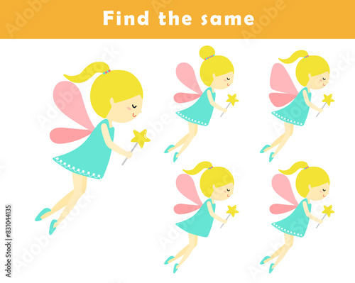 Find same picture worksheet for kids. Worksheet for kids kindergarten, preschool and school age. Education game for children with cute fairy illustration.
