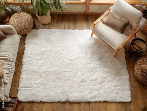 Mockup of a blank white rug on a hardwood floor in a stylish bedroom