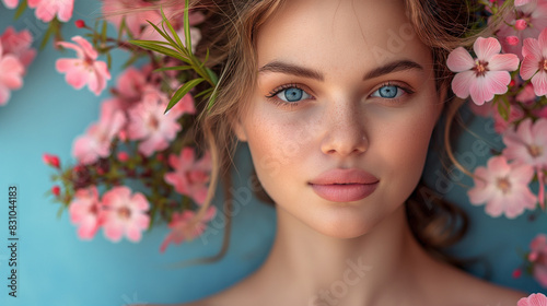 Beautiful young woman with clean fresh skin of face in flowers . Girl facial treatment . Cosmetology   beauty and spa . Female model  care concept