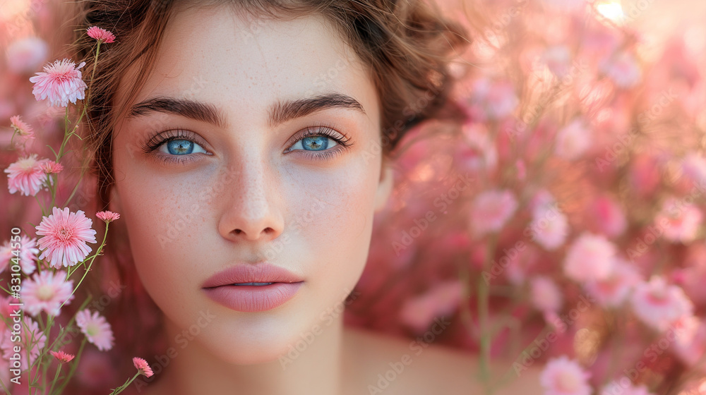 Beautiful Girl With Flowers.Beauty Model Woman Face. Perfect Skin. Professional Make-up.Makeup. Fashion Art Beautiful Girl With Flowers.Beauty Model Woman Face. Perfect Skin. Professional Make-up.Makeup. Fashion Art