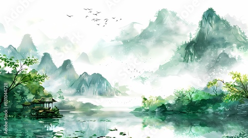 Green and white Chinese style ink landscape poster background