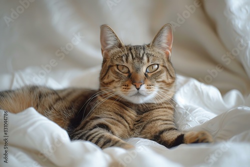 Illustration of cat with tabby stripes laying on an white background