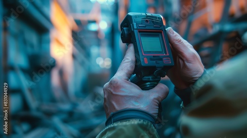 Close-up of an engineer's hand holding a laser distance meter, detailed display, bright daylight, eye-level angle, sharp clarity, innovative construction engineering tool