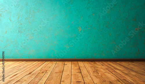light blue empty modren wall and wooden brown floor with interesting with glare from the window. Interior background for the presentation.For displaying product.High quality photos