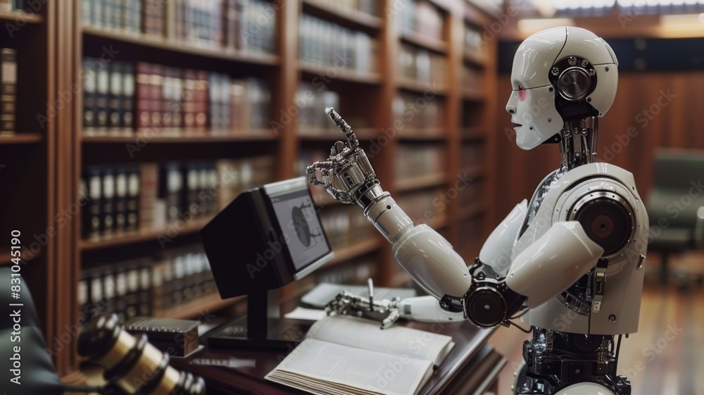 An AI-powered legal assistant robot interacting with a computer in a library, symbolizing advanced legal technology. An AI-powered legal assistant robot interacting with a computer in a library, symbolizing advanced legal technology.
