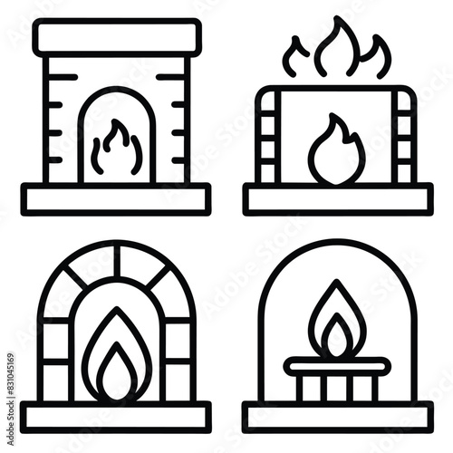 Set of fireplace line icon  outline black vector on white background