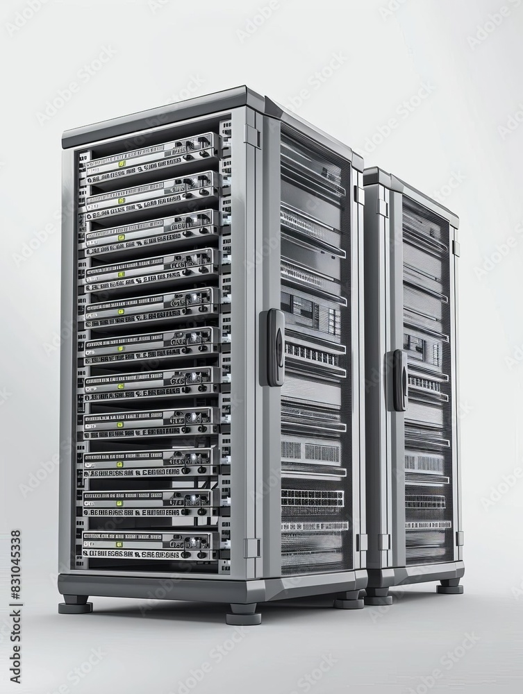 Two server racks in a data center, showcasing IT infrastructure and networking equipment.
