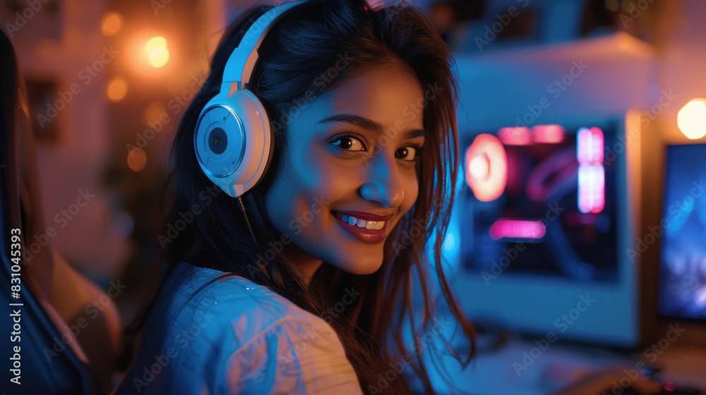 Young Indian female gamer sitting in gaming room wearing headset Young Indian female gamer sitting in gaming room wearing headset