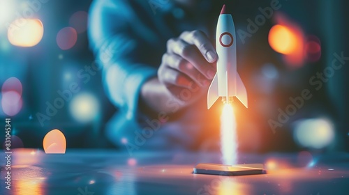 Business growth upplanningstrategybusiness start up conceptBusinessman touch rocket launch investment growthstarting corporateaiming objective value development leadershipcustomer targ : Generative AI photo