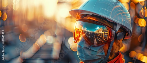 Construction worker wearing a hard hat, face mask, and reflective glasses at a construction site with a beautiful sunset background.