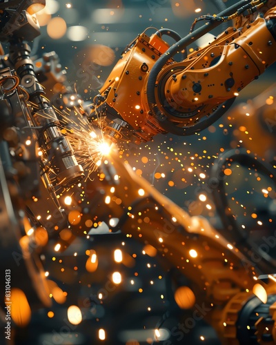 Industrial robotic arms welding with bright sparks in a factory setting, showcasing automation and advanced technology in manufacturing.