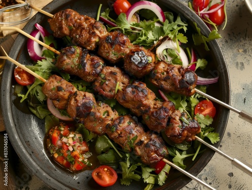 Succulent Cultured Meat Kebabs Served with Fresh Salad Delectable Grilled Meal Concept