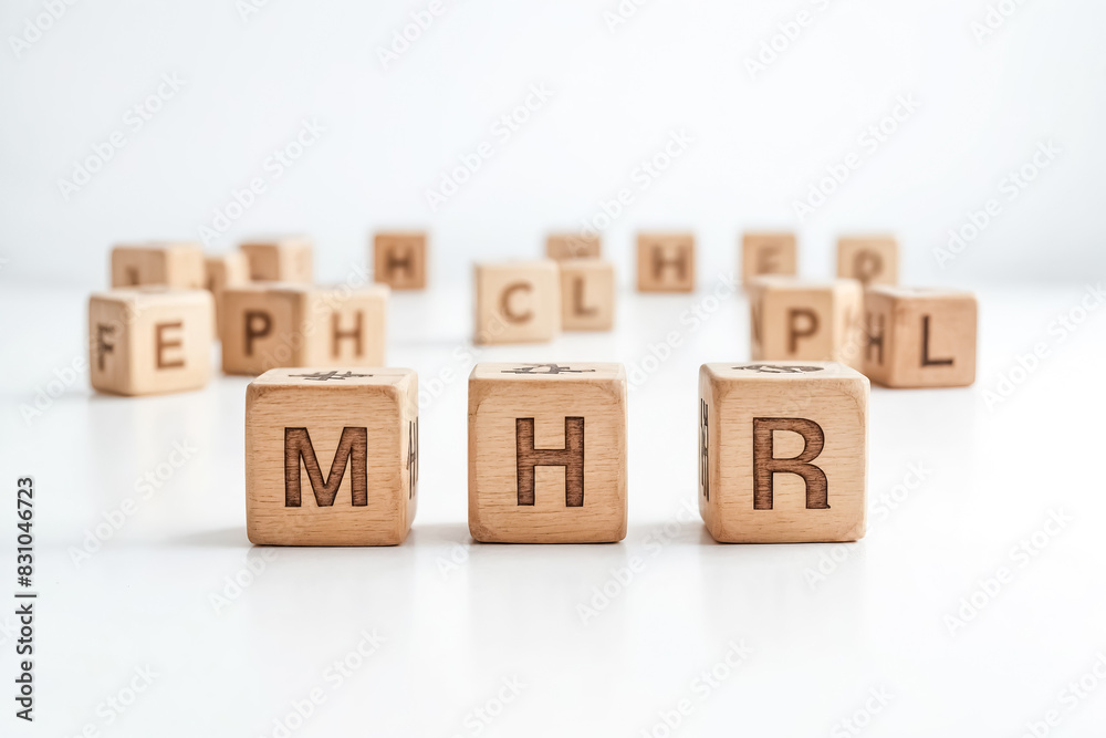 Wooden blocks spelling MHR on a white background Wooden blocks spelling MHR on a white background