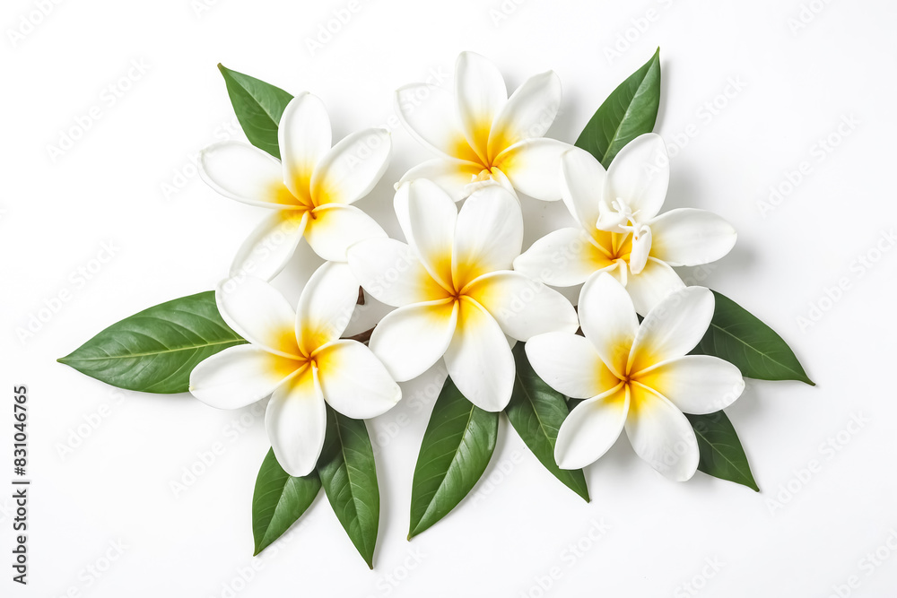 White Frangipani Flowers and Green Leaves on White Background White Frangipani Flowers and Green Leaves on White Background