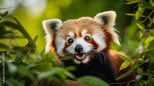 A cute red panda peeking through leaves with a happy expression, surrounded by a lush green environment. Perfect for wildlife enthusiasts.