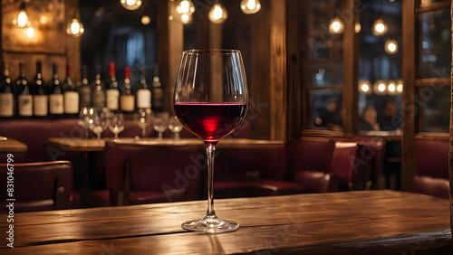 a glass of wine sits on a bar with a bottle of wine in the background.