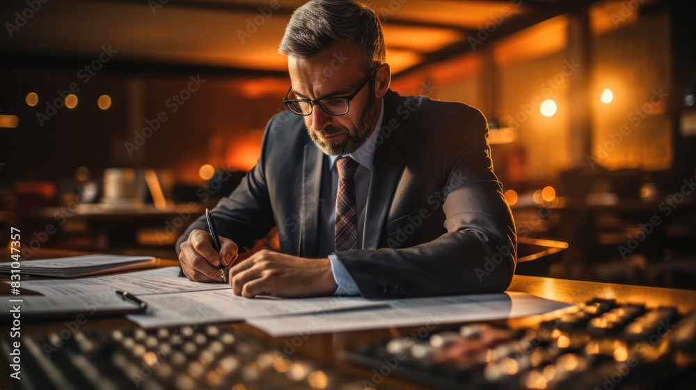 A hard-working businessman focuses intently on paperwork at his desk late at night in an office A hard-working businessman focuses intently on paperwork at his desk late at night in an office