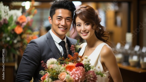 A radiant bride and groom smiling and embracing, surrounded by wedding flowers during their reception