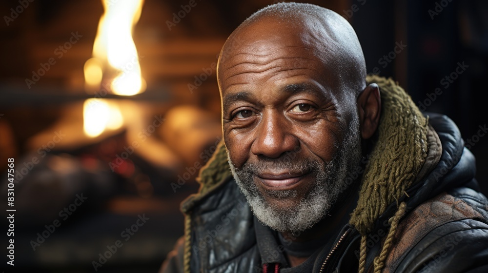 A warm portrait of a senior man with a gentle smile, sitting comfortably in front of a cozy fireplace