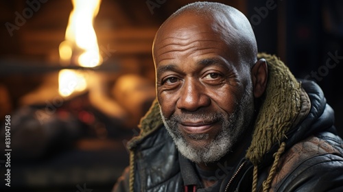 A warm portrait of a senior man with a gentle smile, sitting comfortably in front of a cozy fireplace