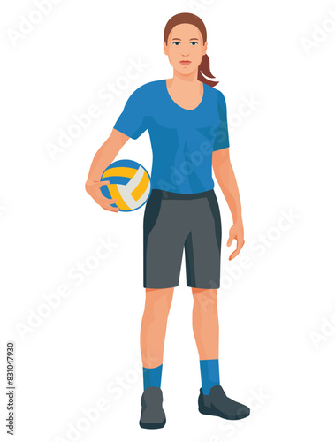 Women's volleyball girl player in a blue T-shirt who stands straight with a ball in her hand