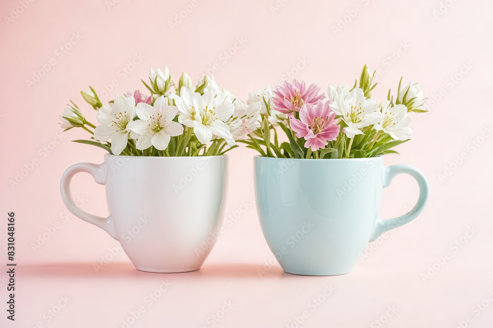 White and Pink Flowers in Mugs on Pink Background