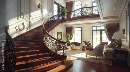 An elegant, grand American-style staircase with rich mahogany wood and ornate iron railings in a modern living room, bathed in natural light