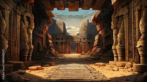 Digital artwork of an Ancient Egyptian temple corridor bathed in sunlight and with hieroglyphics on walls photo