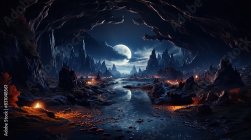 A breathtaking digital illustration of a fantasy landscape with a river under a moonlit sky