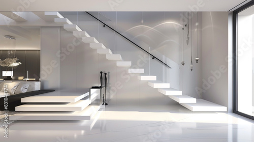 A contemporary American-style staircase with white steps and a sleek black railing  in a minimalist  open-concept home