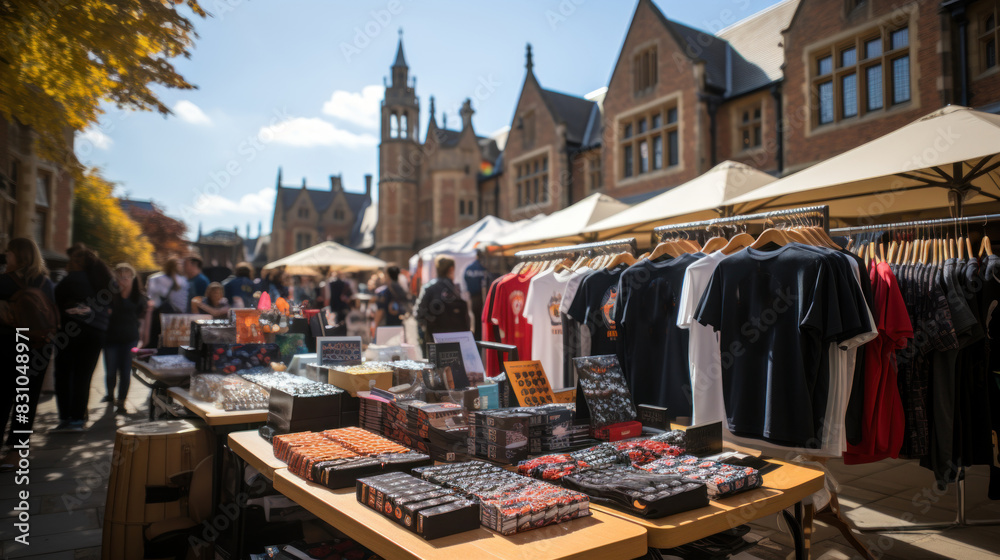 Obraz premium Shoppers at an outdoor market near historic architecture on a sunny day, representing commerce and community interaction