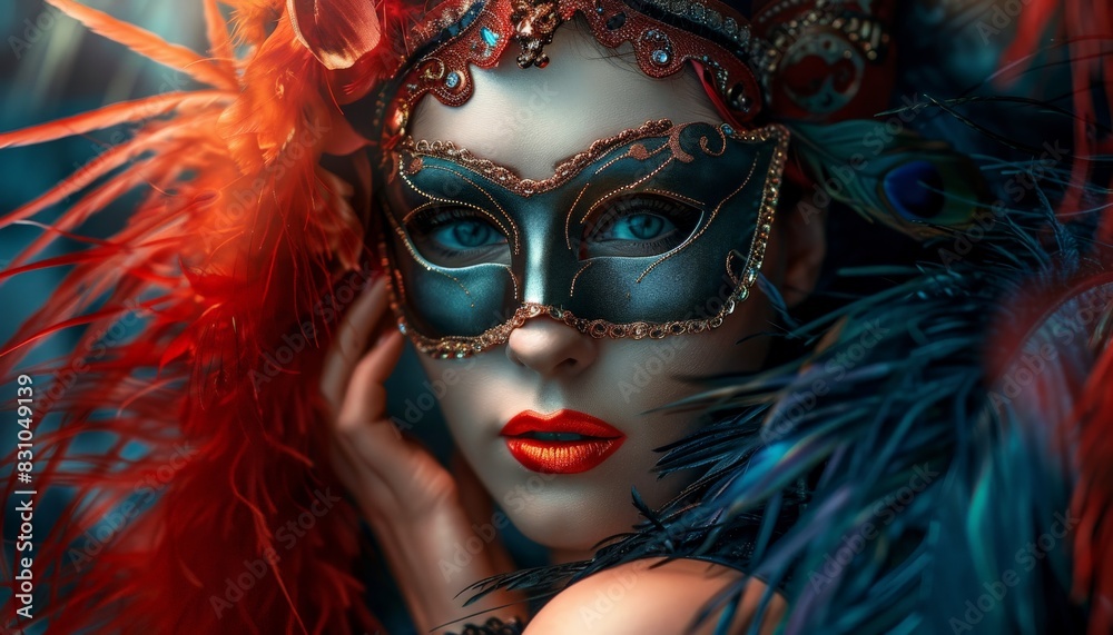 A beautiful woman wearing a Venetian mask.