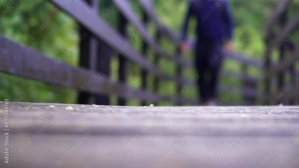 A man walks along a wooden path in a forest. A man walks along a wooden path in a forest.