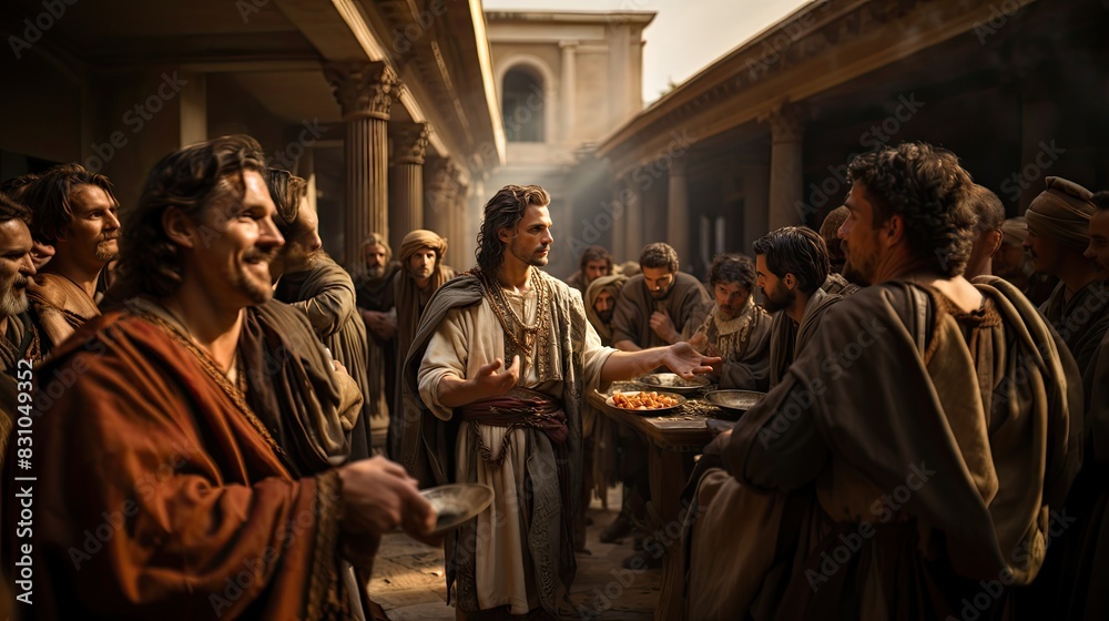 A man in ancient attire addresses a group in a crowded, historical marketplace setting