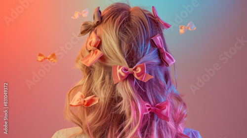 playful and colorful hairstyle with blonde locks adorned with pink and orange satin bows against a gradient background