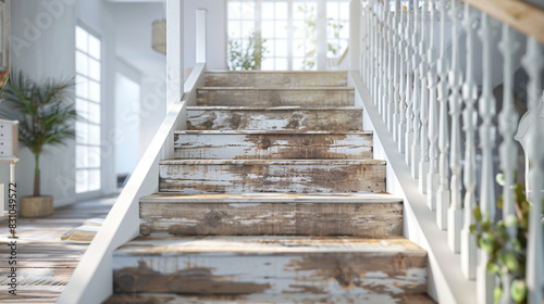 A farmhouse-style American staircase with distressed wood steps and a white wooden railing  in a bright  airy home