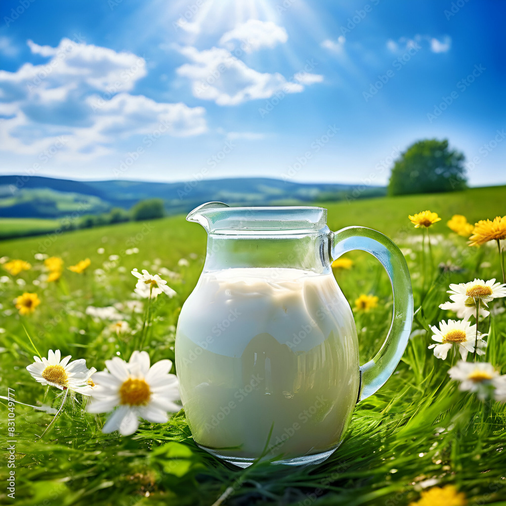 Glass and jug full of milk backdrop in green meadows Glass and jug full of milk backdrop in green meadows