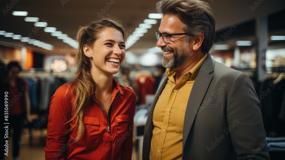 A cheerful young woman and a stylish older man share a light moment while shopping together