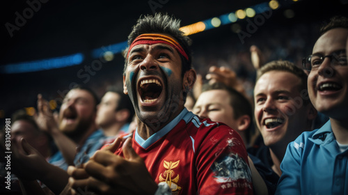 An overjoyed man with painted face exults among a crowd of euphoric sports fans at a stadium