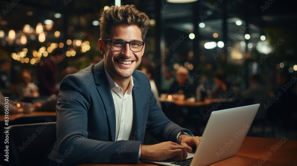 A young, enthusiastic businessman works on his laptop in a lively cafe environment, showcasing ambition and productivity