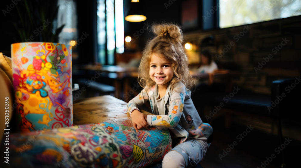 A cheerful young girl with a big smile sits in a restaurant with colorful and playful decor, exuding joy and innocence