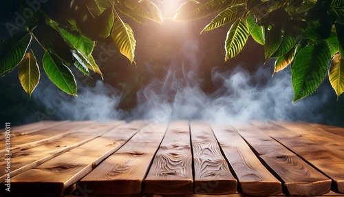 Backdrop e mesa de madeira com névoa photo