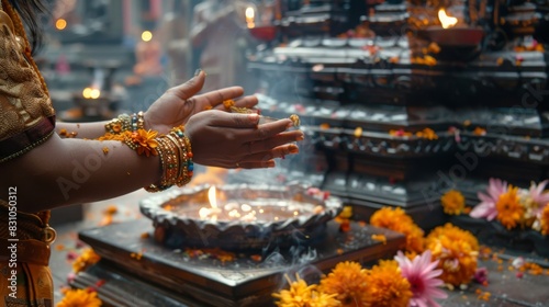 A devotee humbly presents an offering at a temple, expressing deep gratitude and unwavering faith in their beliefs, Created with Generative AI. photo