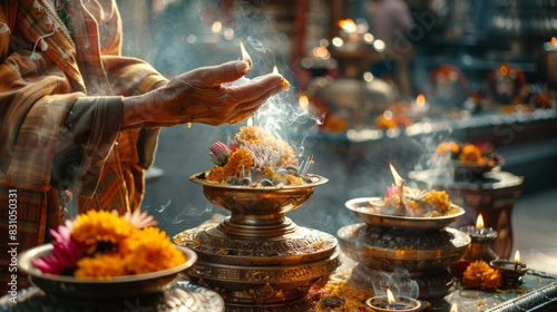 A person humbly offers gratitude at a temple, a symbol of unwavering faith and devotion, Created with Generative AI. photo