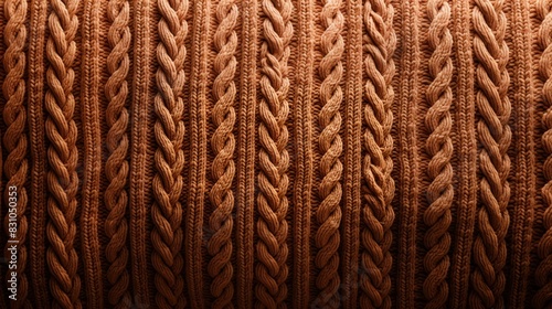 High-resolution close-up image showcasing the detailed texture of a brown knitted woolen fabric photo